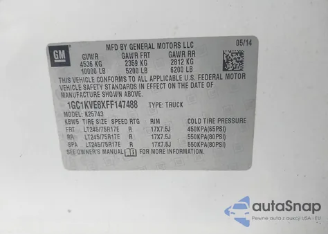 2015 Chevrolet Silverado 2500Hd Lt z USA, uszkodzony, nr VIN 1GC1KVE8XFF147488